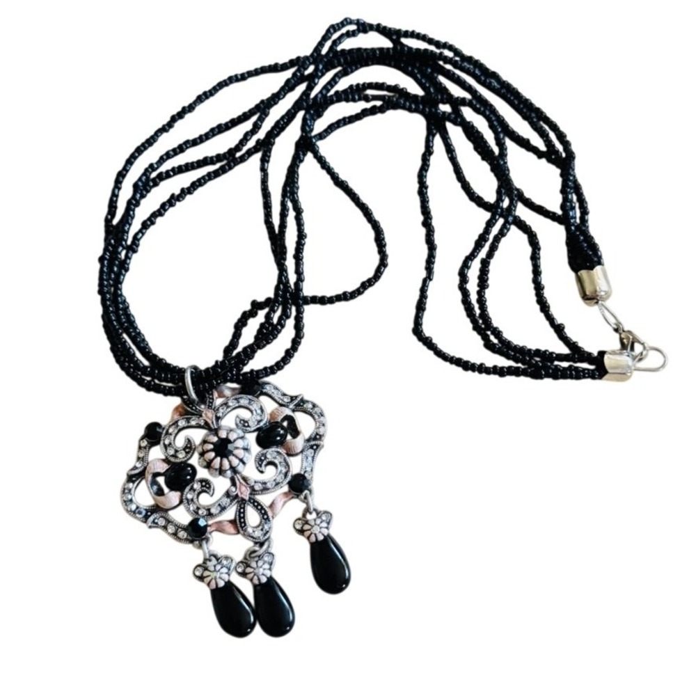 Sweet Romance USA Necklace Victorian Style Goth Rhinestone Silver Glass Multi